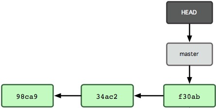 Figure 1. Git repository with only one branch (master) pointing to it (HEAD), and with only three commits (f30ab is your last commit). This image was taken from Pro Git book and edited (respecting its Creative Commons License).